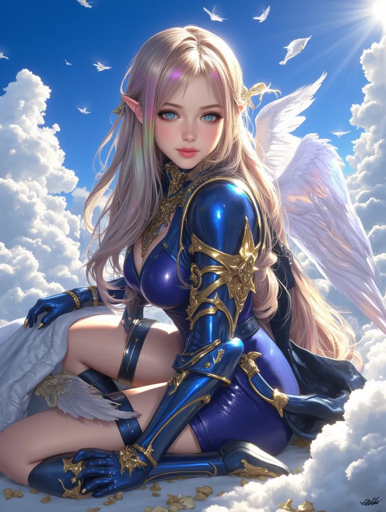 (realistic on the hand, top quality, Highest resolution , anatomically precise, accurate hands, accurate hands가락), full body photo, lovely boobs, (rainbow-colored hair : 2.0,  silver eyes : 1.5), Long waist-length ponytail, (glossy body : 1.8), Mysterious ...