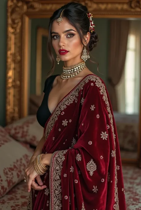 

"Create an ultra-detailed, high-resolution full body portrait of a beautifully stunning woman standing in a royal bedroom with large mirror she is dressed in a luxurious, deep red velvet saree. The saree is rich and opulent, with intricate silver and gol...