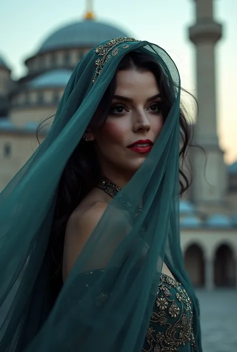 Draw a wavy hair veiled woman, make up, 4k, dark ambient, realistic, photorealism, in front of sultanahmet mosque, istanbul, a thousand and one nights tales vibe