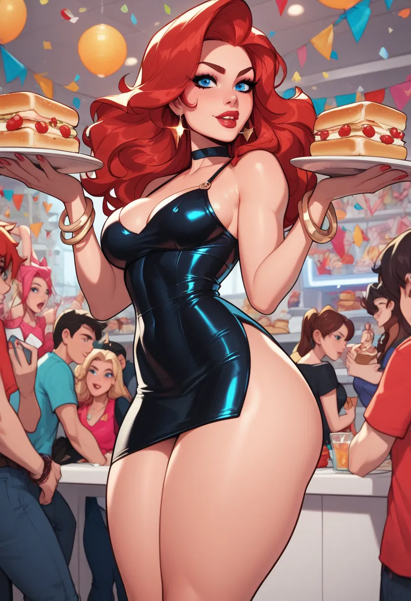 1 girl, faces the observer,  big blue eyes , ,thick thighs,  long red hair,Wear a short black dress, neckline, Show the thighs ,standing, A toast,at a party , highly detailed , fair skin, cartoon style, 8k,beautiful legs