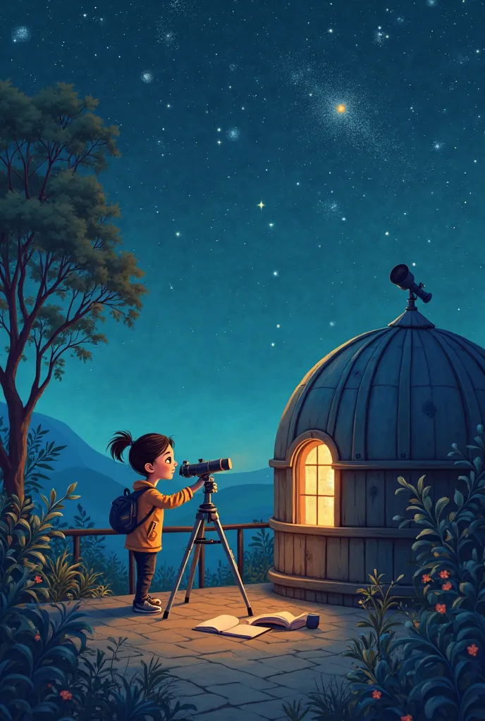 The little observatory

In a quiet observatory , a young astronomer named Lily eagerly look through her telescope,  searching the night sky for new discoveries. As she carefully adjusted the lens, she noticed a distant star twinkling brightly, as if it wer...