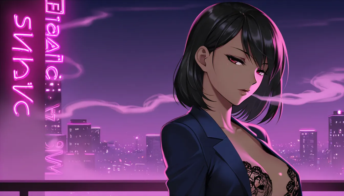 A seductive woman with dark hair, wearing a sleek, open blazer revealing a lace bralette, exhaling a soft trail of smoke. The background is a dreamy, starlit cityscape, neon lights reflecting off her skin.