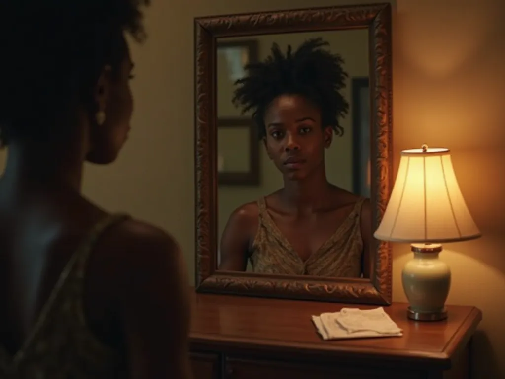 A Nigerian woman standing in front of a mirror, her reflection showing a mix of guilt and longing. The crumpled note lies on the dresser beside her, its words still visible. The warm glow of a bedside lamp illuminates her face, creating a sense of inner tu...