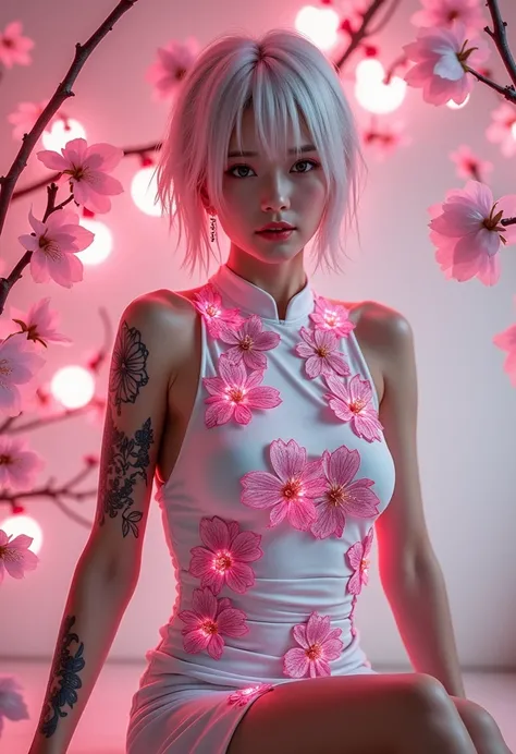 dazzling cherry blossom petals in halation pink light、She's sitting、tight, slit China dress and gothic Please take a full-body picture of a beautiful Japanese girl that looks like a combination。the base of the costume is embroidered with fluorescent pink c...