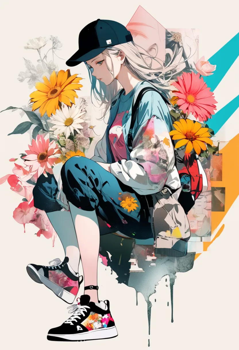 (masterpiece, best quality),(double exposure: 1.1),
print collage depicting,Solo,girl,,she is surrounded by various flowers symbols,wearing baseball-cap and grunge-fashion,sneakers,splash color, collage art, contemporary artistic collage,