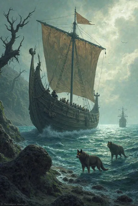 A Viking ship sailing through lycanthropes 