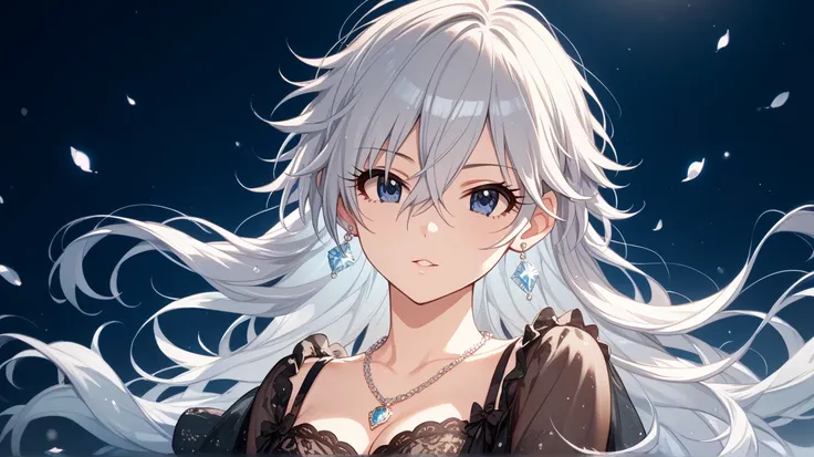 {{anastasia_(idolmaster)}}, [[[[idolmaster cinderella girls]]]], jewelry, necklace, silver hair, dark blue eyes, tsurime, messy hair, hair between eyes, pendant, ear piercing, medium breasts, solo, cowboy shot,