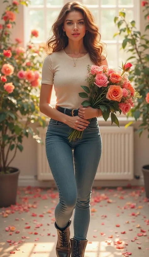 Logical for my business is a lively woman with a cream ribbed knit tshirt TUCKED IN skintight jeans and black buckle belt and boots who is surrounded by bouquet of flowers in her hand and who says roses around her, waiting for her love