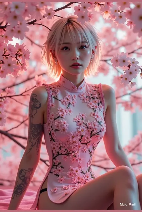 dazzling cherry blossom petals in halation pink light、She's sitting、tight, slit China dress and gothic Please take a full-body picture of a beautiful Japanese girl that looks like a combination。the base of the costume is embroidered with fluorescent pink c...