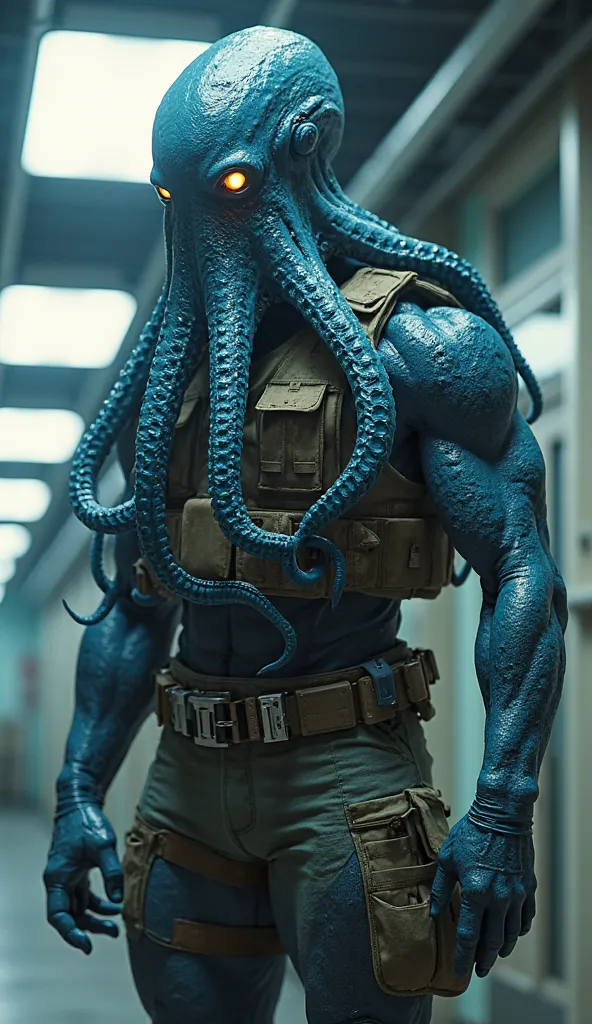 "A realistic, high-definition depiction of an octopus-human hybrid standing in the research facility, now completely free from the water. Its upper body remains muscular and humanoid, but its skin has transformed into a slick, deep-blue, chitinous texture,...