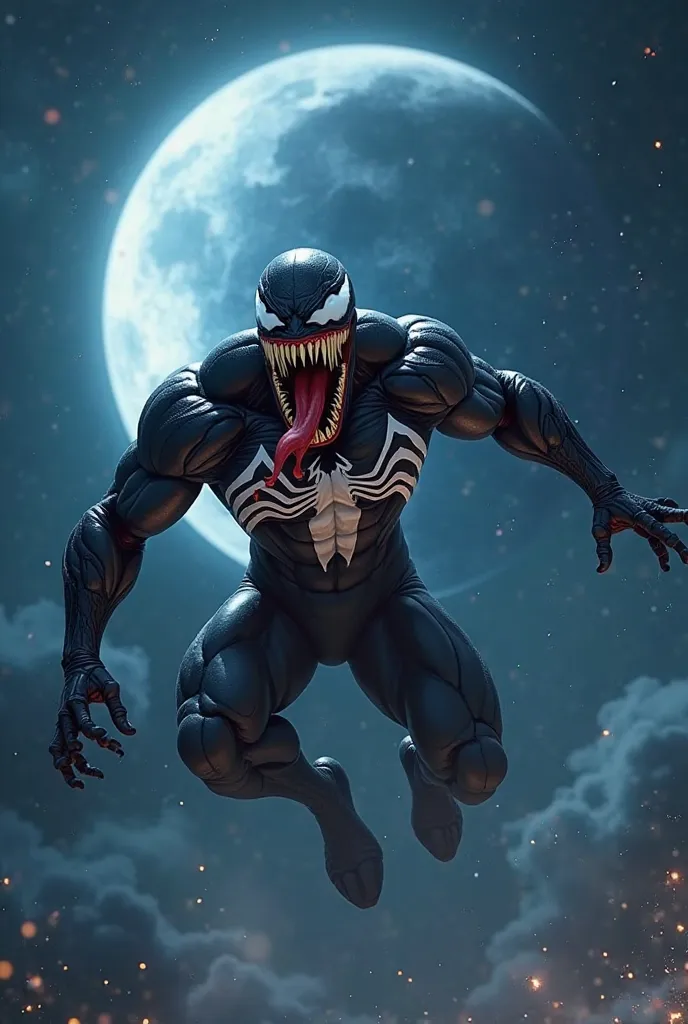 8k realistic ultra HDR Venom, superhero. Venom is positioned in mid-air, in a dramatic action pose,  with a highly expressive face displaying teeth bared in a menacing grin. His long, vibrant red tongue hangs out.  He has a muscular build and is clad in a ...