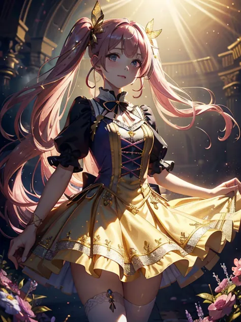  Hi-Res, masterpiece,  anatomically accurate , Highest quality,  advanced details,  Hi-Resモデルでベルト付き , long hair,  twin tails from above,  pink hair, stupid hair,  hair to hide one eye,  shiny hair,  hair fluttering in the wind , Vertical Roll,  disheveled ...