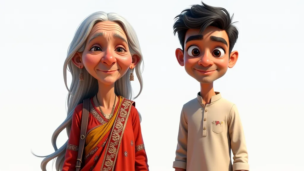 "Create a full-body, high-resolution PNG image featuring two Pakistani characters standing side by side in a hyper-realistic style. On the left, depict an extremely elderly Pakistani woman with deep wrinkles, wise expressive eyes, and authentic, lifelike f...