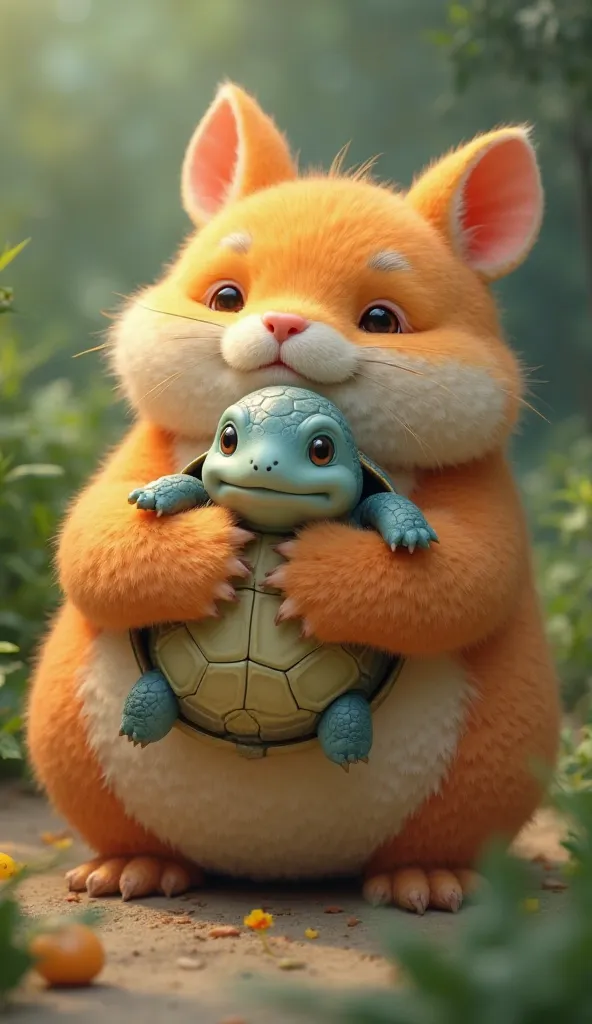 draw me a big round belly animal hugging another adorable little turtle in 3D style