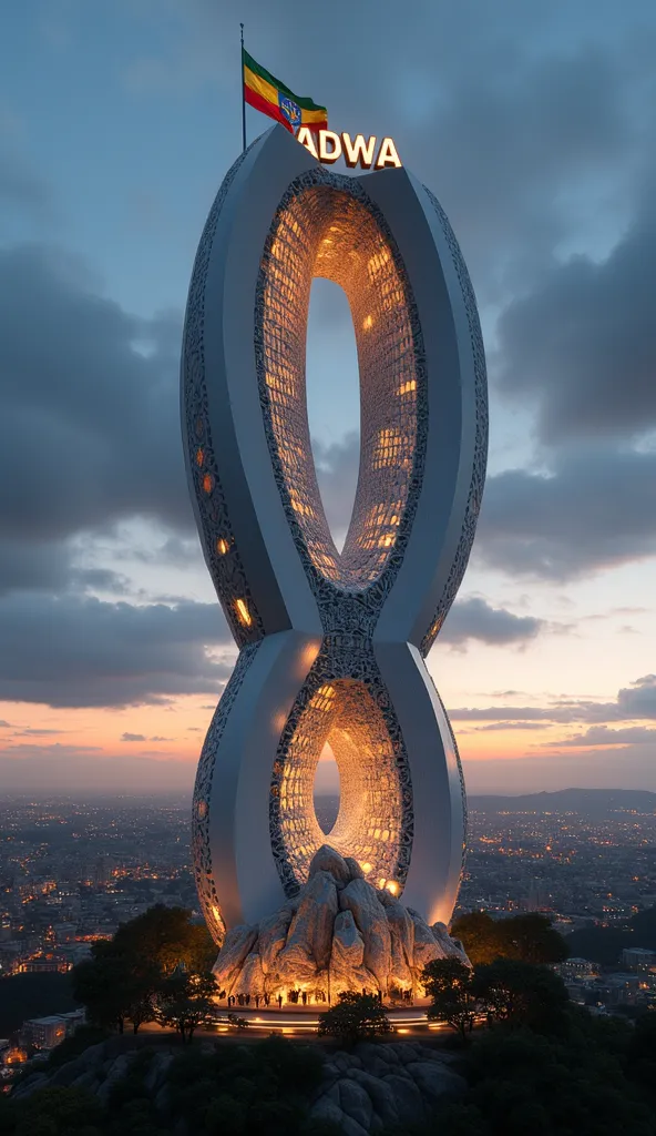 A majestic, futuristic towering building celebrating the victory at the Battle of Adwa, set against a dramatic twilight sky with scattered clouds and a radiant golden glow on the horizon, symbolizing triumph. The building features a sleek, circular, open-r...