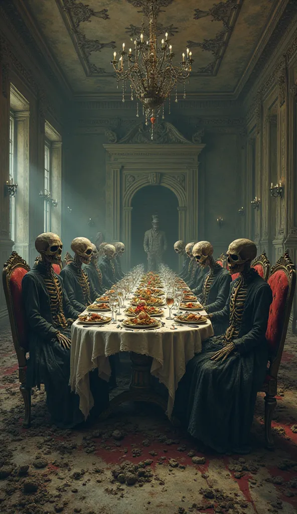 A grand dining hall with an elegant table covered in dusty, rotting food. The chairs are occupied by decayed s dressed in Victorian-era clothing, their hollow eyes staring blankly forward.