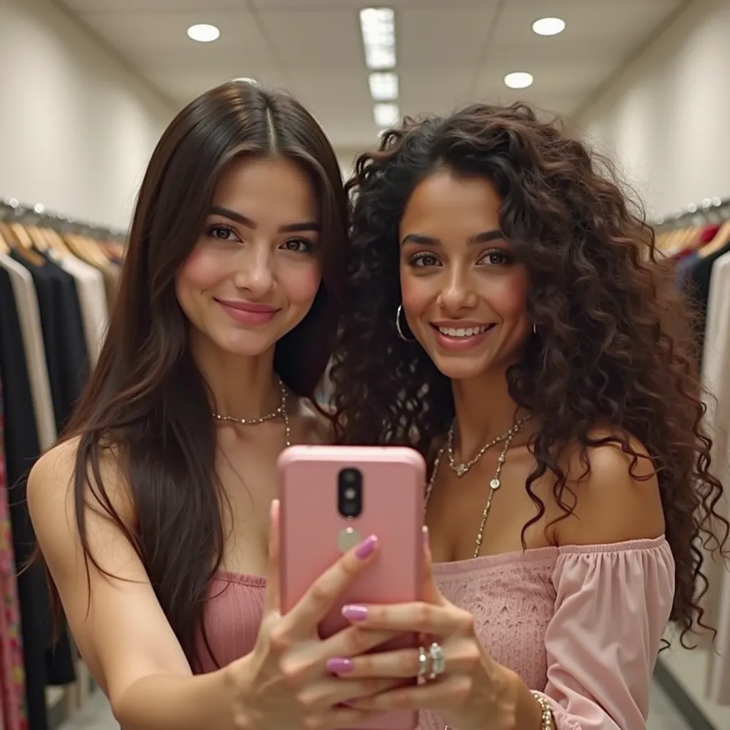 Two women  ,   high quality  (( fingernails done , realistic, delicate), ((detalhes realistic em  high definition )), 1 woman with long straight dark hair, other woman with long dark curly brown hair  . pose:  full face, they smile, no shopping, no body, t...