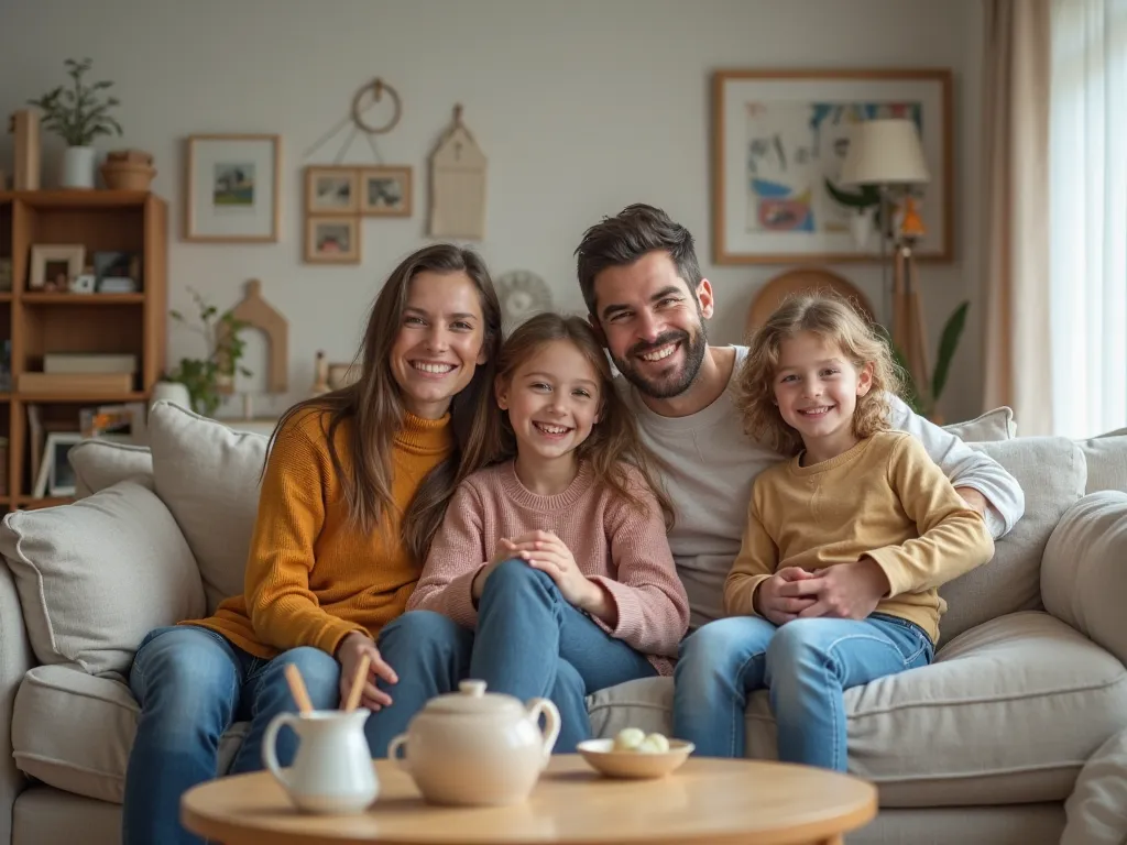 Une photo d’une famille heureuse avec ses nouveaux meubles IKEA