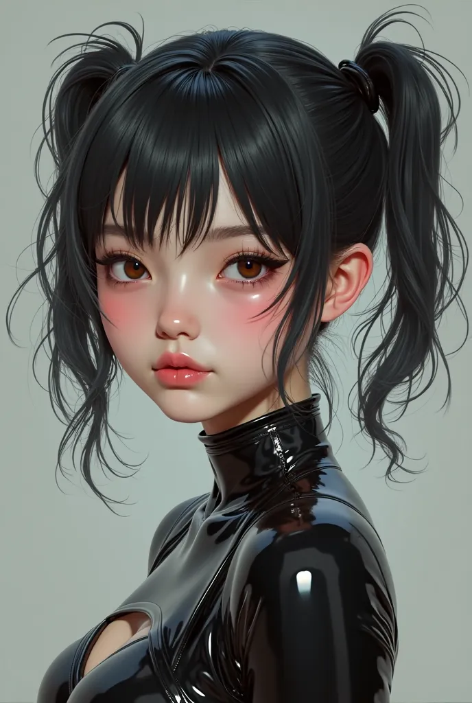 young black hair, pigtails, latex outfit, pvc boot, detailed portrait, very young
