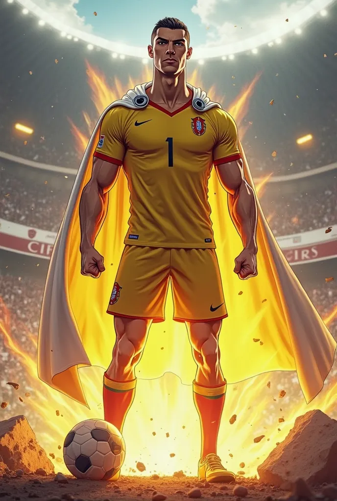 Create a hybrid character combining Cristiano Ronaldo and Saitama from One Punch Man. The character has Ronaldo’s facial features, athletic build, and hairstyle, with Saitama’s bald head and calm expression. He wears a mix of Ronaldo’s Portugal jersey and ...