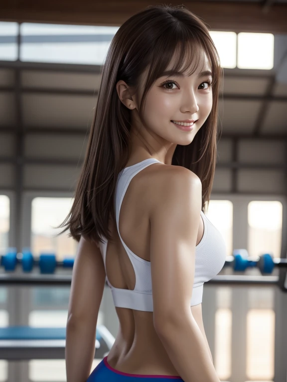 very well detailed CG Unity 8k wallpaper, Highest quality, very well detailed, masterpiece, realistic, photo realistic, very well detailed cute girl, Age 25, logic, 腹logic, ROUND EYES, audience,  ,  lips parted ,  Half Body Shot  , sportswear , Gym, put yo...