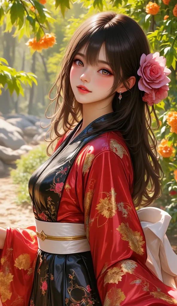 The image depicts a vibrant and colorful scene with a young woman dressed in traditional Japanese attire. She is wearing a red and black kimono adorned with intricate patterns and a large white and gold bow at the waist. Her hair is long and dark, styled w...