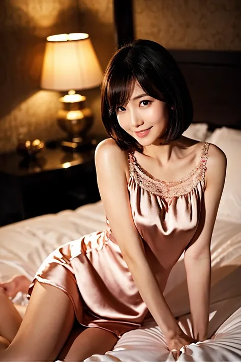 「 35 year old married woman 、Japanese、short black hair。she is standing in her luxurious bedroom at a hotel at night。Wear clothes with an open chest、creates a seductive atmosphere。The room lighting creates a night mood、wearing a silk nightdress。The gaze is ...