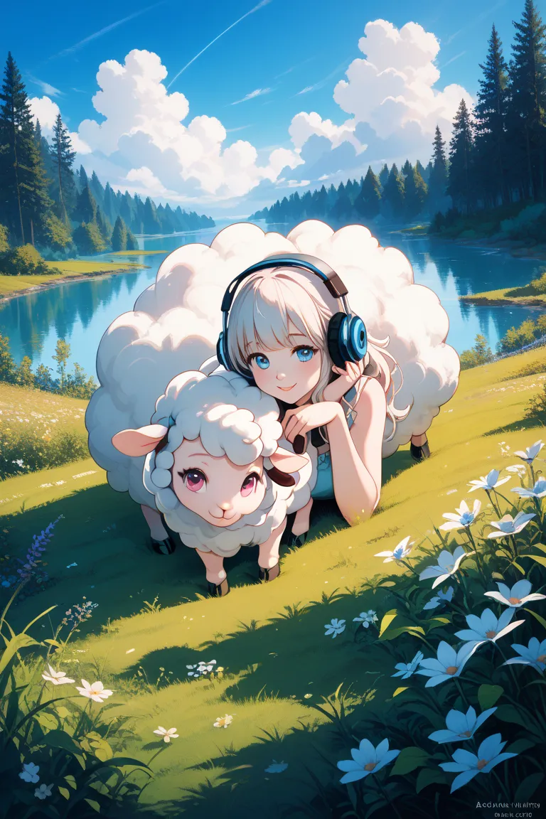 Sheep in animal form、headphones、cute、blue sky