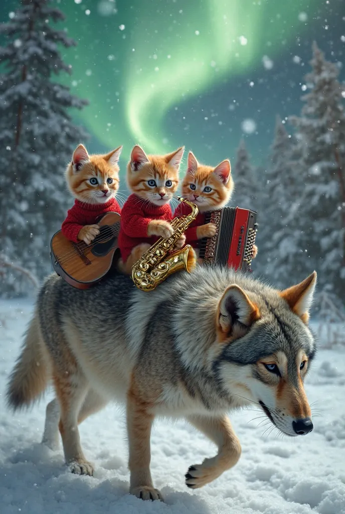 Three ginger kittens with expressive eyes, wearing red Christmas sweaters, are sitting on the back of a majestic gray wolf moving through a snowy forest under a northern lights sky. Each kitten is playing a musical instrument with striking realism: one hol...