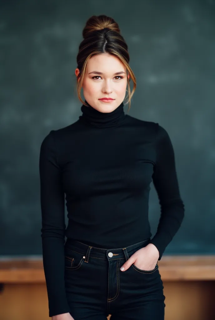 A beautiful 18 years old teacher in front of the class, standing in front of a chalkboard. Brown hair in a bun, wearing a black turtleneck and jeans, petite woman, she looks stricked