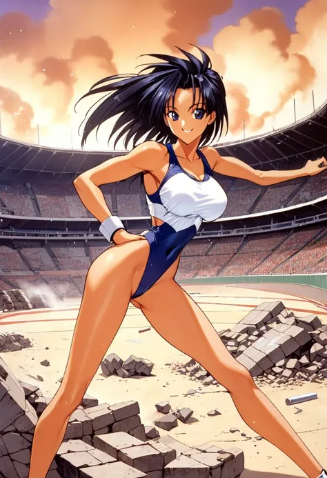 beautiful girl,Large Breasts,Long legs,smile,athletics,arena,rubble,Dust cloud,motion blar,1990s