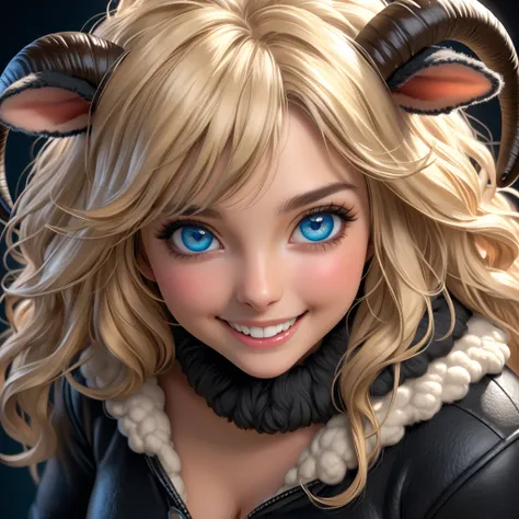  a girl, high resolution, blush,  smile, big blue eyes, long hair, blond hair,  Hair between eyes, Teeth, From above, Masterpiece,  Kinematics , realistic, studio lighting, Vibrant color, soft leather,  extreme detail, 4k, hdr, physically based, dressed in...