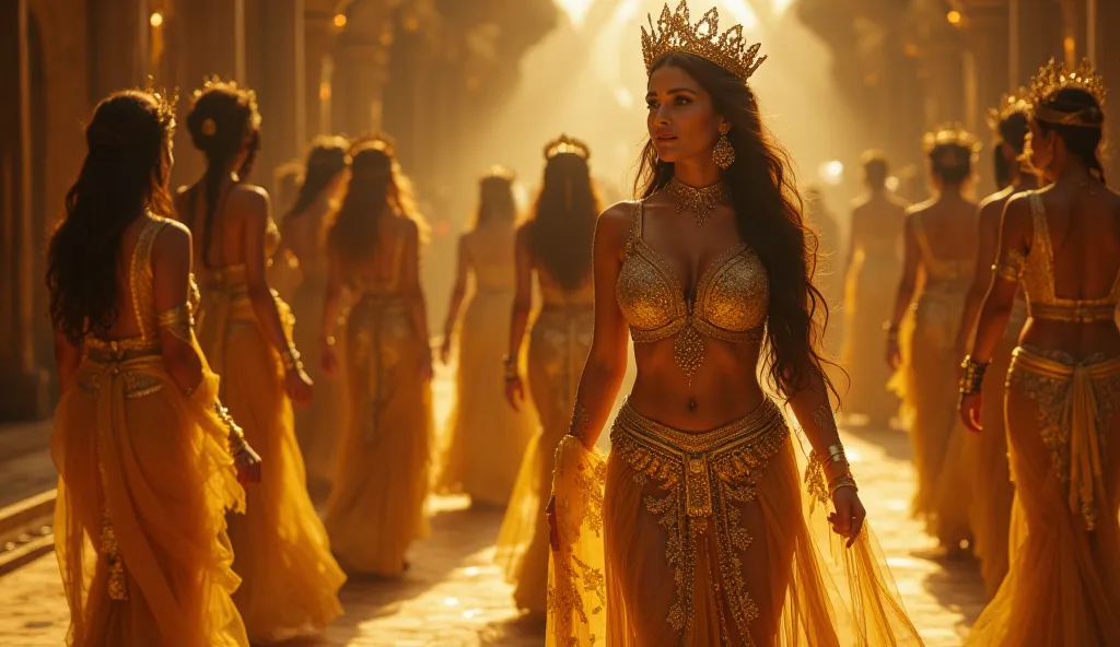 a group of women in gold dresses are walking in a hall, persian queen, persian princess, of indian princess, bollywood, indian, she is dressed as a belly dancer, cinematic goddess shot, a beautiful fantasy empress, beautiful queen, 8 k movie still, still f...