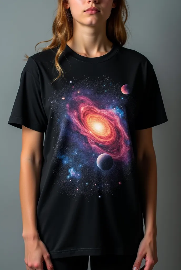 A black T-shirt with space design in it for a s birthday party