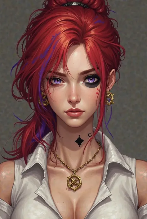 Tough girl,  red hair (on the left side you have a purple tuft), a black eye, on the left side of your face you have a black birthmark, on both sides your shoulder has two X, you wear a necklace with gold earrings and you wear a white blouse 