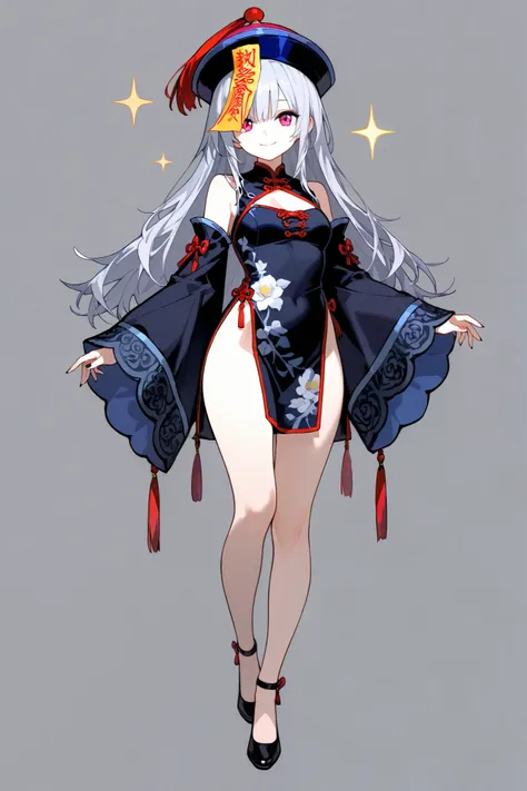 1girl, long hair, looking at viewer, smile, simple background, hat, dress, standing, full body, whitesilver hair, detached sleeves, shoes, black footwear, black dress, sparkle, chinese clothes, floral print, china dress, ofuda, jiangshi, qing guanmao, tali...