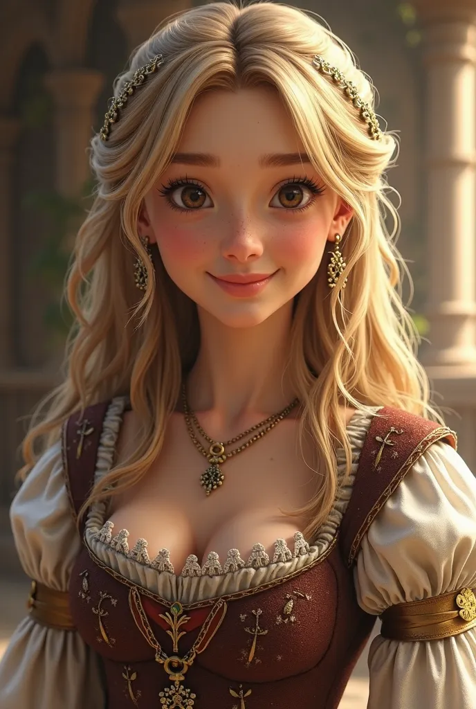 blonde, wavy hair, average, Dark brown eyes, smiling, medieval clothes