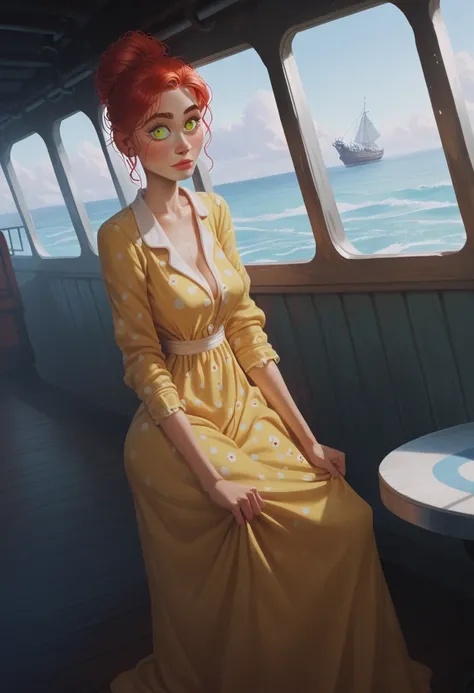 (yellow, Detailed eyes, comical,  calm face), saggy ,  hyper-chest, detailing the face ,  body detail , Wet Body,  long dress ,  hair above eyes, lips, redhair,  dressed in pajamas, (character proportions are high)), on a space resort ship, in a corridor w...