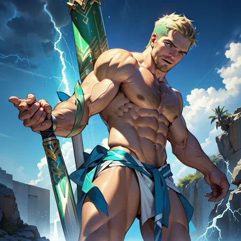 Nsfw ,1 man, male focus solo,45 yo man,(((Stephen AMELL as Zeus the great god of greece))) , ((god of thunder)) ((( totally naked , showing his cock  , JUMPING IN THE AIR CRAZYLY))) , lean muscleS ,(((holding A BRIGHT lightning in his hand))), full body sh...