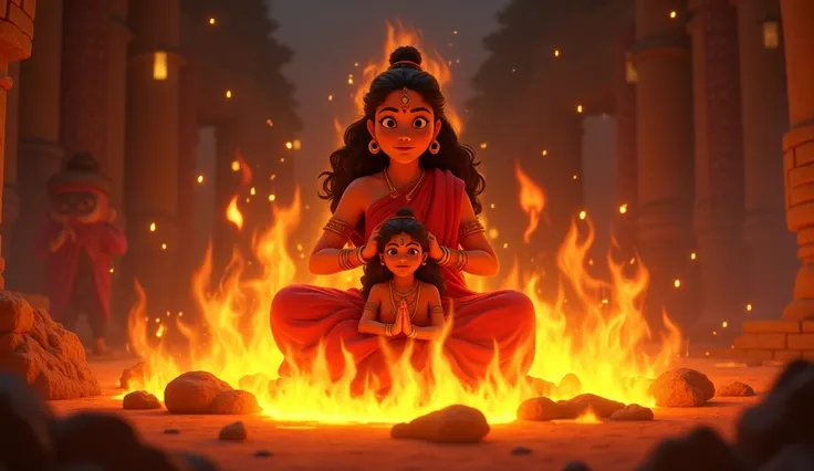 A cinematic 3D cartoon-style scene depicting the dramatic moment when Holika, draped in a fiery red saree, sits in the roaring bonfire with young Prahlad on her lap. As the flames rise higher, Holika’s confident smirk turns into shock and fear as the fire ...