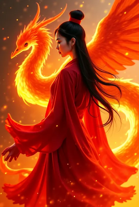 A beautiful female xianxia cultivator, with long black hair, wearing flowing red robes, with a phoenix spirit animal hovering behind her, casting a powerful fire spell, dramatic lighting, fantasy art style."