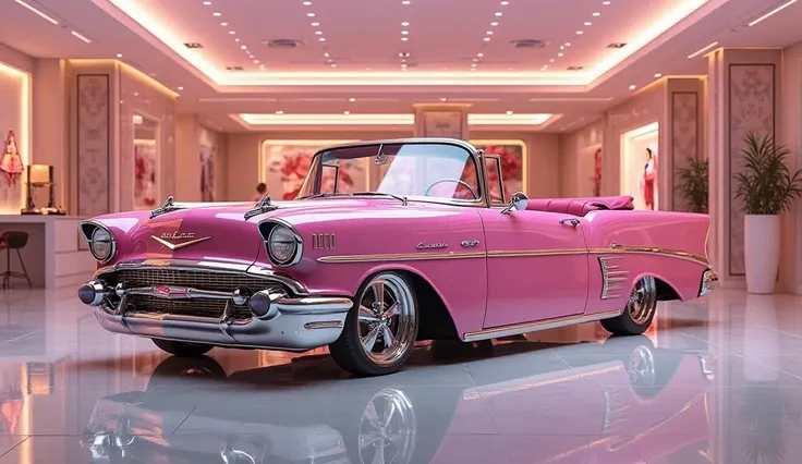 2025 Chevrolet bel air stand in the white lightning luxury showroom in the neat pink color different side view and neat and realistic look and showroom is decorated neat lights 