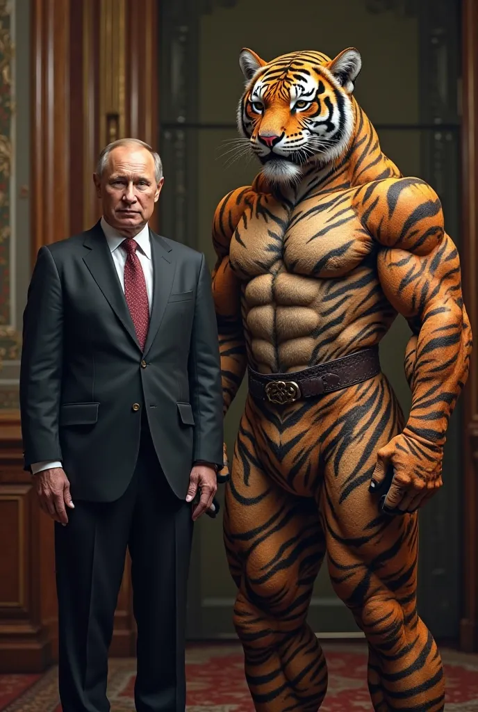 Create a highly detailed and realistic image of Russian President Vladimir Putin, portrayed as a strong and muscular leader with a commanding presence. Beside him stands his bodyguard, a towering figure in a unique tiger-inspired military uniform, featurin...