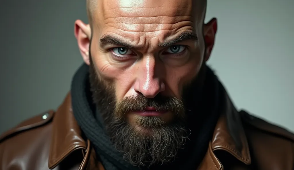 a portrait bald, bearded Eastern European man with intense blue eyes, wearing a leather jacket.