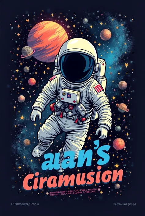 A black T-shirt with space design with planets and astronaut in it for a birthday party written “Aan’s circumcision” in the middle front of the t shirt