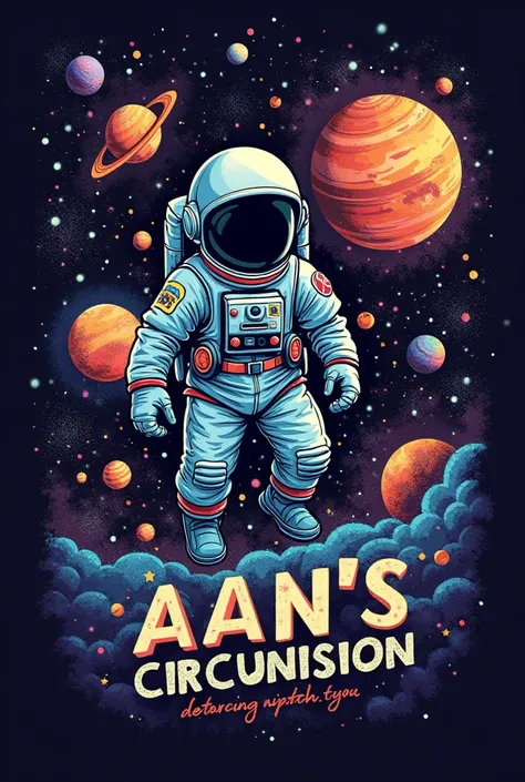 A black T-shirt with space design with planets and astronaut in it for a birthday party written “Aan’s circumcision” in the middle front of the t shirt