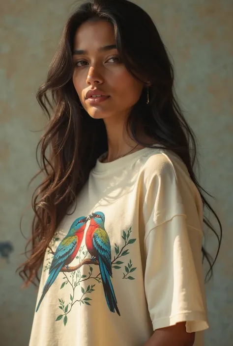 Indian model in oversized tshirt printed lovebirds on front 