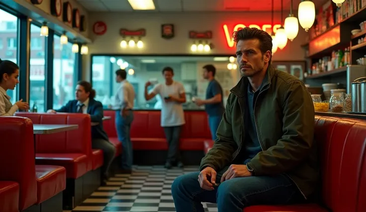 A humble yet determined undercover CEO, dressed in a casual jacket and jeans, sits at the counter of a classic American diner with checkered floors and red leather booths. The warm glow of neon lights reflects off the windows. In the background, a tense sc...