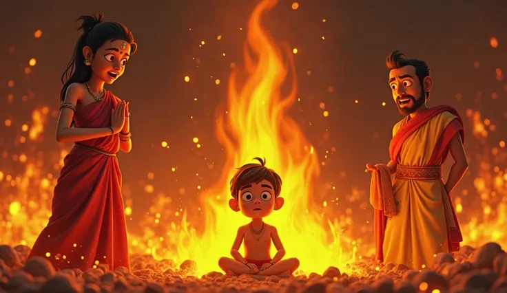 A cinematic 3D cartoon-style scene depicting the intense moment inside a roaring bonfire. Holika, once confident, is now screaming in agony as the flames consume her, turning her into ashes. Her glowing red saree disintegrates into fiery embers. Meanwhile,...