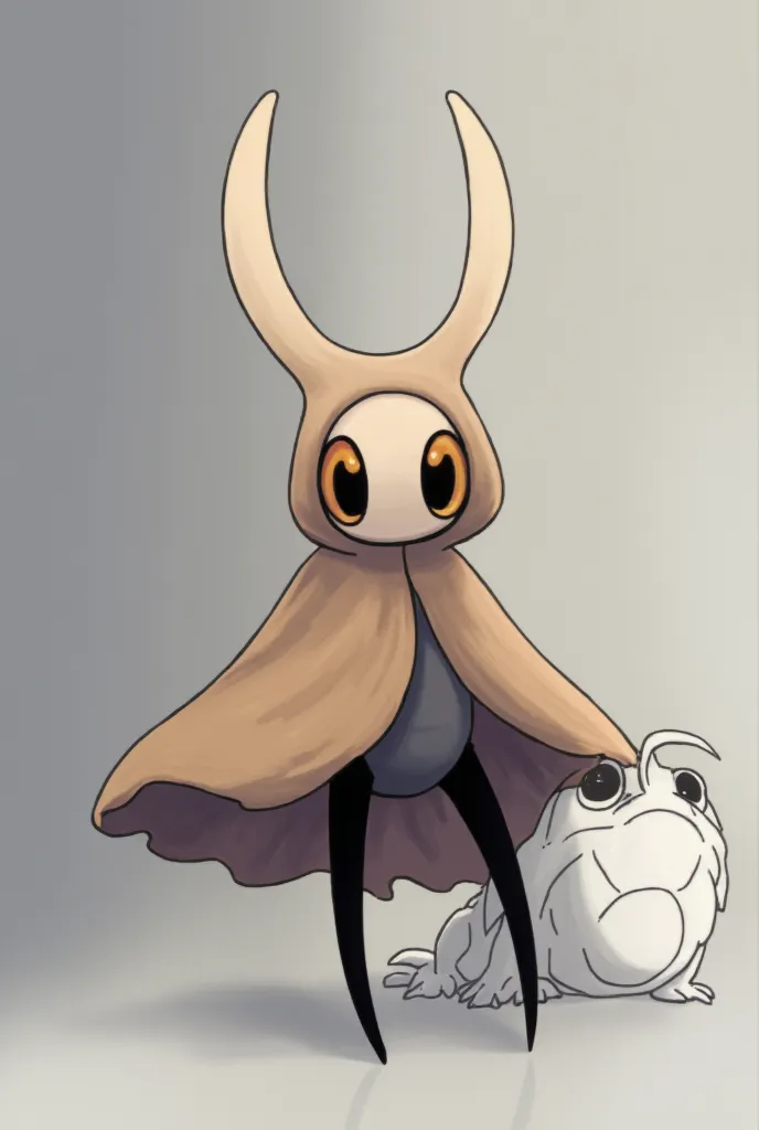 humanoid moth, pale fur on the face, light orange eyes, beige hooded cloak, two long antennae like a moth, black legs, White frog, wings under a cloak 